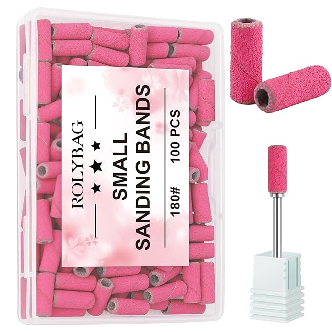 Rolybag 100pcs Small Sanding Bands Nail Drill Bits 180 Fine Grit Nail File Sanding Bands with 3.1mm Mandrel Bit for Acrylic Nails Gel Removing Shaping Professional Manicures and Pedicure, Rose Red