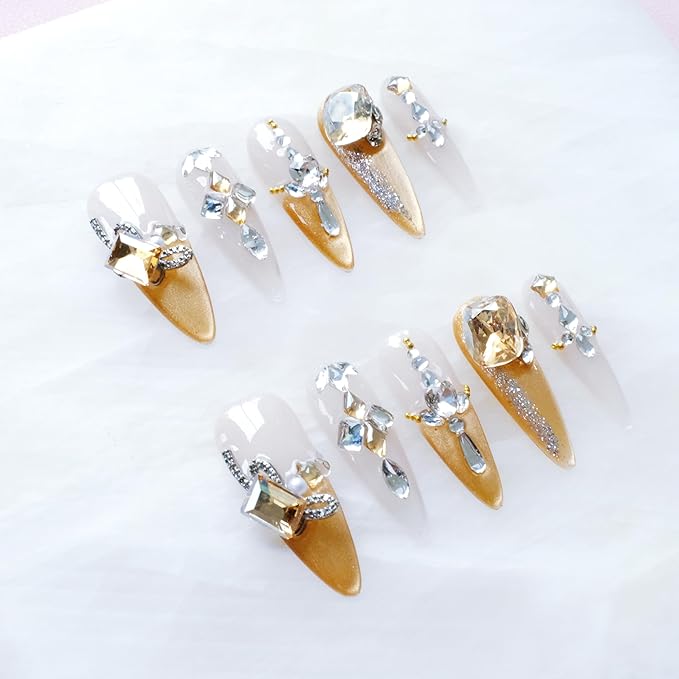 Luxury Long Stiletto Press-On Nails, Yellow Glitter with 3D Rhinestones and Heart Gems, Handmade False Nail 10 Pieces (Small, LS)