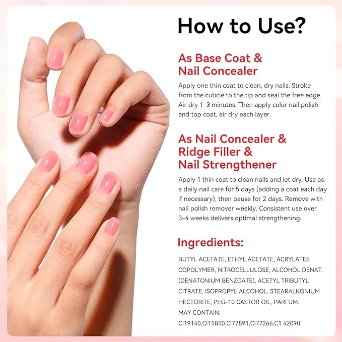 Illuminating Nail Concealer Sheer Pink Ridge Filler Base Coat 4-in-1 Brightening Nail Polish Foundation Perfector & Growth Nail Strengthener for Damaged, Yellowing Nails,15ml Quick Dry