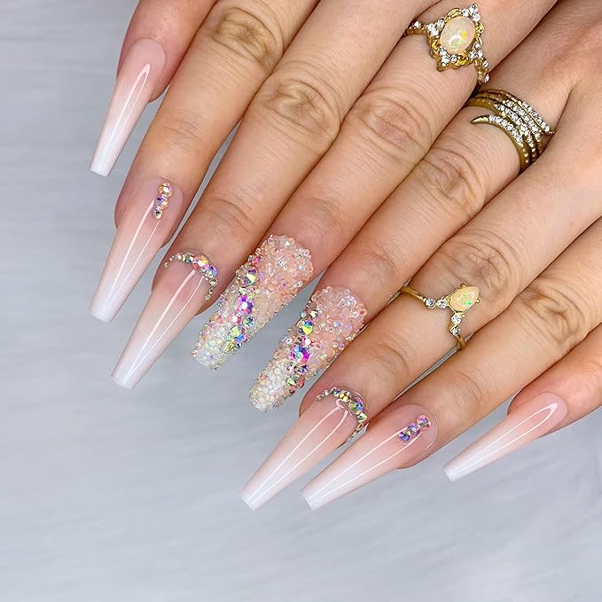 Morily 24pcs Fake Nails Ombre Ballerina Long Crystal Rhinestones Luxury Coffin Press on Nail False Tips Artificial Finger Manicure for Women (French Shinning)