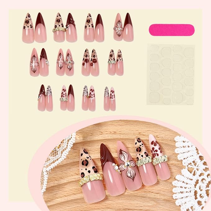 Almond Press on Nails Long Fake Nails Red Artificial Nail Seeneey Red Floral and Cherry Leopard Designs Cute Stick on Nail for Women 24pcs