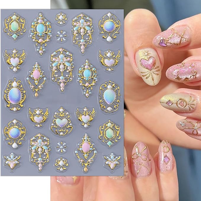 2 Sheets Luxurious Gold Nail Art Stickers Embossed Bohemian Style Nail Decals 5D Heart Flower Nail Stickers Self-Adhesive Mirror Bohemian Designs Nail Art Supplies for Women Manicure Accessories