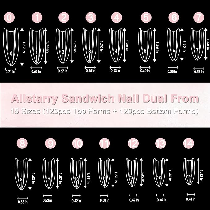 Allstarry Sandwich Dual Nail Forms, Reusable Sandwich Dual Forms 240pcs 15 Sizes Almond Pointed Nail Extensions Plastic Poly Gel Nails Forms for Builder Gel No Paper Forms Need Moldes Dual Nails Mold