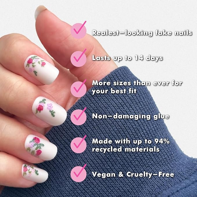 Olive & June Instant Mani Press-On Nails (Glue) | 42 Fake Nails, 21 Sizes | Non-Toxic, Long-Lasting Recycled Materials Realistic Look | Salon-Quality at Home | Short, Squoval | Rose Bouquets
