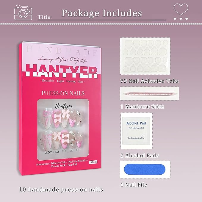 10PCS French Ballet-Inspired Press on Nails with Tools Kit, Medium Almond Glossy Nails in Pink & White, Gel Nails with 3D Bows, Pearls & Rhinestones, Sweet-Edgy Style for Women(Size L)