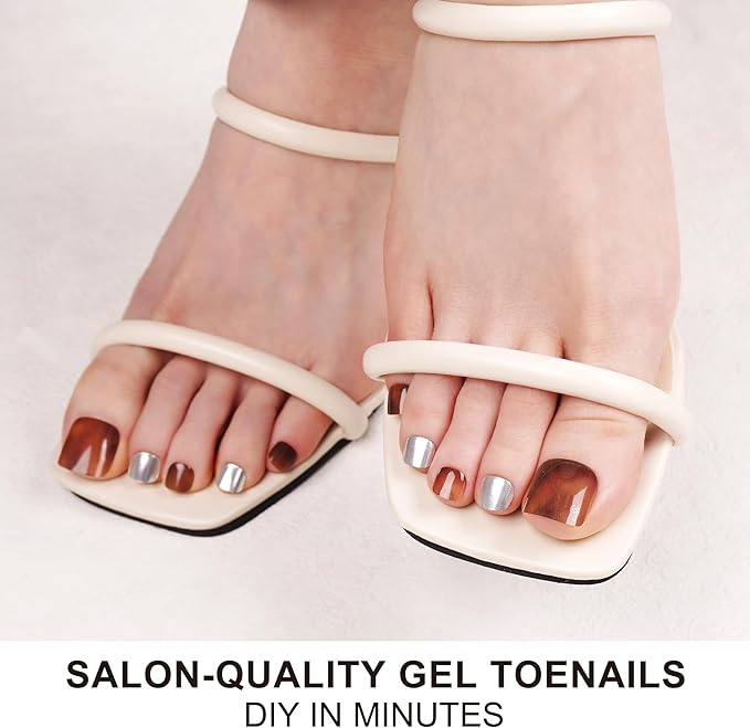 DANNI & TONI Semi Cured Gel Toenail Strips Amber (Sienna Glow) Silver Gel Toenail Stickers Ombre Pedi Wraps 37 Stickers