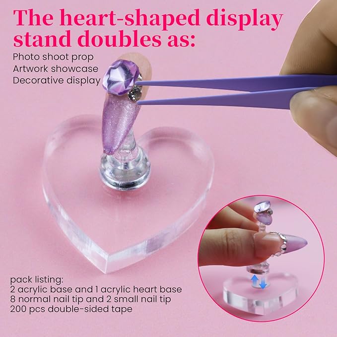 Nail Stand For Press Ons Extra-high Tip Holder For Painting Art Magnetic Acrylic Fake Nail Display Practice, Heart Shape with 200 PCS Double Sided Tape, Nail Supplies For Beginners Home Salon