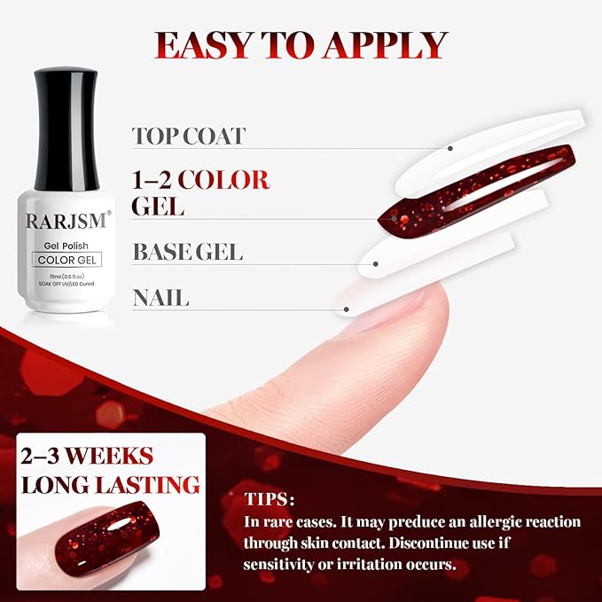 RARJSM Dark Ruby Red Sequin Glitter Gel Nail Polish Big Flakes Shiny Diamond Sparkly Chunky Silver Shimmer Pigments Gelpolish Soak off Curing Required for Nail Art Salon Manicure