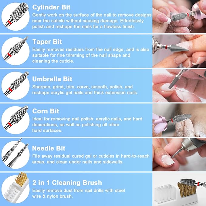 CGBE Nail Drill Bits, 6 Piece Nail Drill Bit Grinding Heads Carbide Machine Accessories for Manicure Remove Acrylic or Hard Gel Polygel, 3/32 Inch Professional Bits for Nail Cutter - Fine
