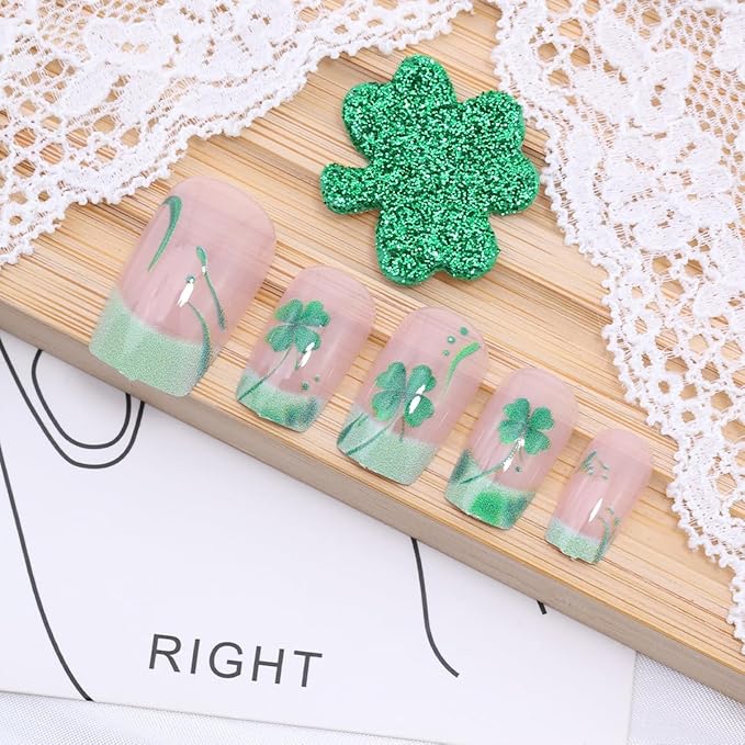St. Patrick's Day Press on Nails Short French Tip Fake Nails Lucky Shamrock False Nails Green Four Leaf Clover Glue on Nails Irish Square Acrylic Nails St. Patrick's Day Artificial Nails Set 24Pcs