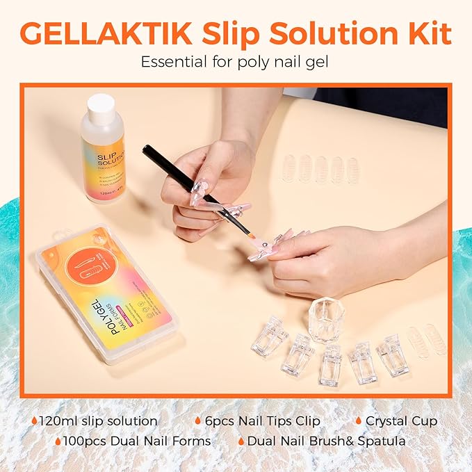 100Pcs Nail Forms Kit, 10 Sizes Reusable Dual nail Forms for Poly Gel & Builder Gel, 120ml Slip Solution Liquid, 6 Clips, Dual-Ended Brush, Nail Art Cup, DIY Pedicure Kit for Beginners