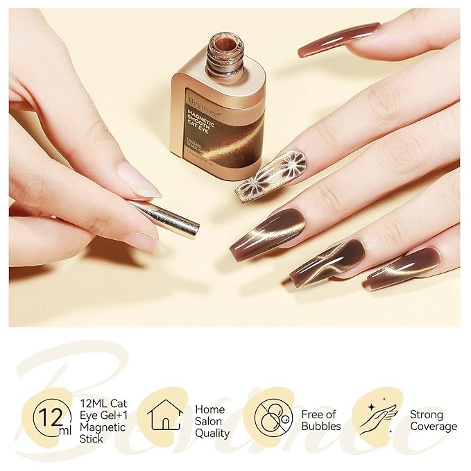 Cat Eye Gel Nail Polish, Brown Magnetic Gel Polish, Glitter Holographic Nail With Magnet Shimmer Cateye Effect Art Manicure Salon DIY Home, 12ML
