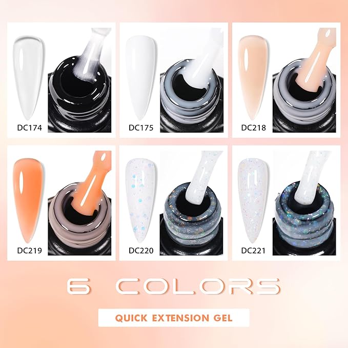 MTSSII Builder Nail Gel Kit: 6 Colors Thickening Builder Nail Gel Clear White Nude Glitter Nail Strengthener Soak Off UV Extension Gels with 100PCS Forms Brush Pen Manicure Tools Home Salon DIY