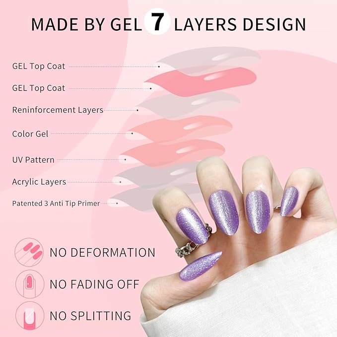 Purple Almond Cat Eyes Press On Nails,12 Sizes - 24 Pcs Soft Gel Grape Purple Medium Fake Nails Kit with Nail Glue, Natural Reusable Stick On False Nails for Women and Girls SK1025