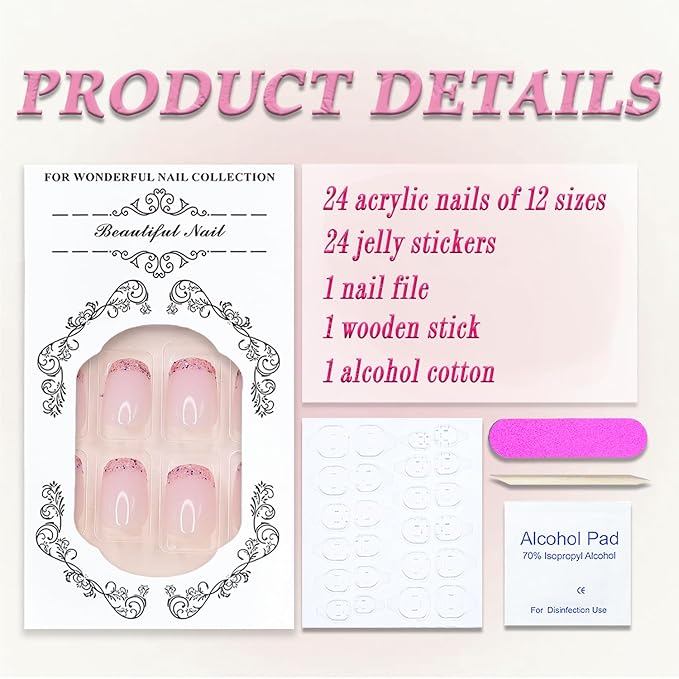 Pink French Tip Press on Nails Short Coffin OFDNE Petite Fake Nails False Nails with Designs Glitter Full Cover Glossy Glue on Nails French Manicure Acrylic Nails for Women Girls 24Pcs
