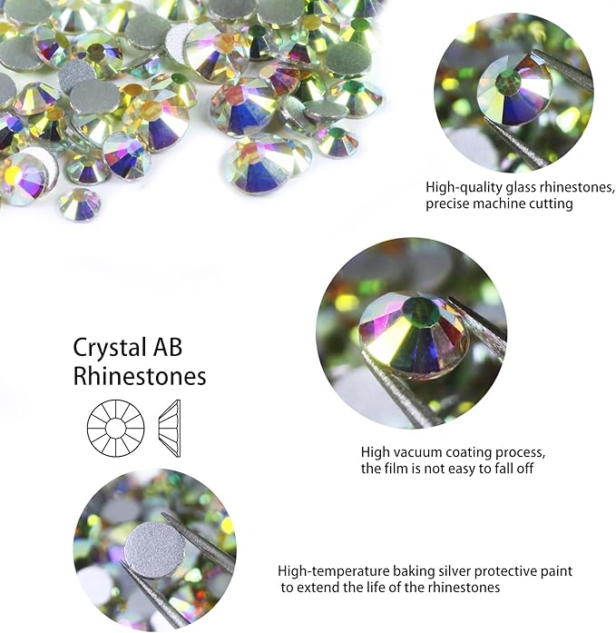 Genie Crystal 4,5,6.4 mm Mixed Size Flatback AB Rhinestones 80 Grams, ss16,ss20,ss30 Aurora Borealis Glass Rhinestone for Tumbler, Shoes, Makeup, Nail Art, Dance Costumes, Dress, DIY Bling Crafts