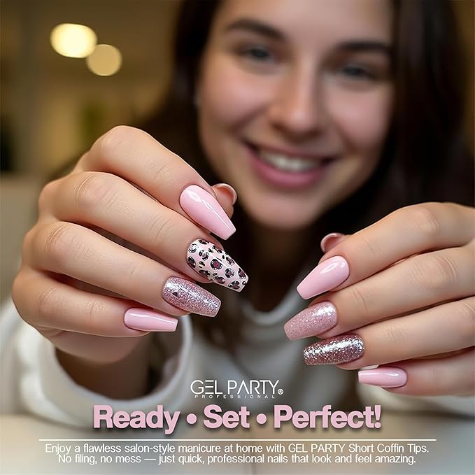 GELPARTY Soft Gel Nail Tips Short Coffin - 240Pcs Pre-Buffed Matte Full Cover Tips - No Filing Needed, Soak Off Gel Extension System - Clear Ballerina False Nails (12 Sizes)