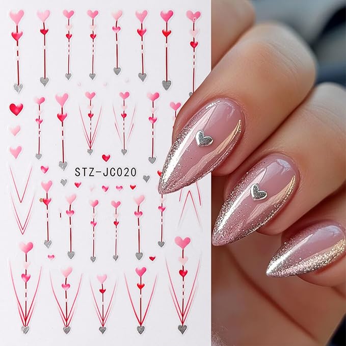 9 Sheets Valentines Nail Art Stickers Red Heart Nail Decals 3D Self Adhesive Holiday Nail Supplies Romantic Arrow & Tree Branch Design Nail Stickers for Women Pink Heart DIY Manicure Art Accessories