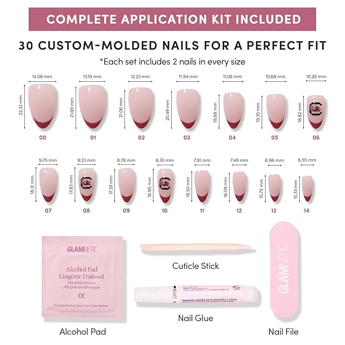 Glamnetic x Fanatics Press On Nails - South Carolina Gamecocks | Short Almond Fake Nails, Collegiate Garnet Red French Tips, College Nails, Salon-Quality | 15 Sizes - 30 Nail Kit with Glue