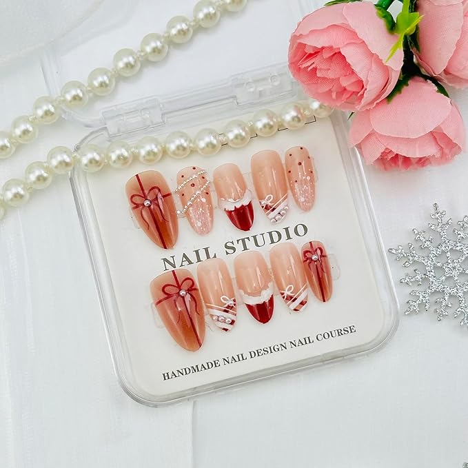 30pcs Christmas Press on Nails Medium Almond Fake Nails Valentine False Nails with 3d Pearl Rhinestones Designs Xmas Gift Full Cover Artificial Glue on Nails French Tip Acrylic Nail Supplies for Women