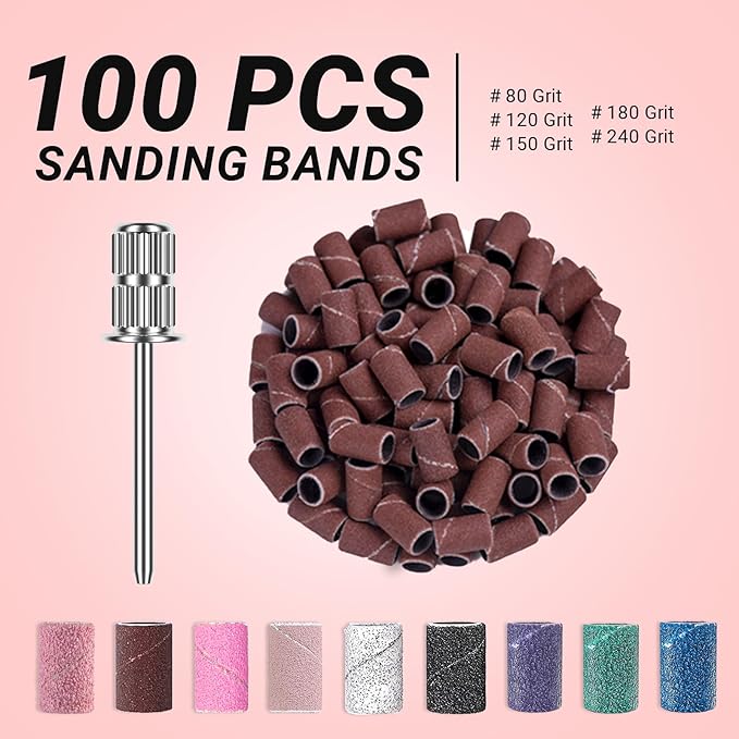 MelodySusie 100 Pcs Nail Drill Bits Sanding Bands for Nail Drill 150 Medium Grit Nail File Sanding Bands for Acrylic Nails Gel Manicures and Pedicure