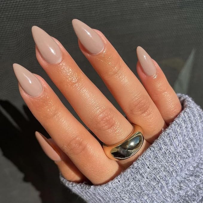 Khaki Press on Nails Almond Shaped Medium Length - Neutral Acrylic Reusable Fake Nails for Women Girls, Glue on Stiletto False Nails Soft Gel Artificial