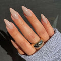 Khaki Press on Nails Almond Shaped Medium Length - Neutral Acrylic Reusable Fake Nails for Women Girls, Glue on Stiletto False Nails Soft Gel Artificial