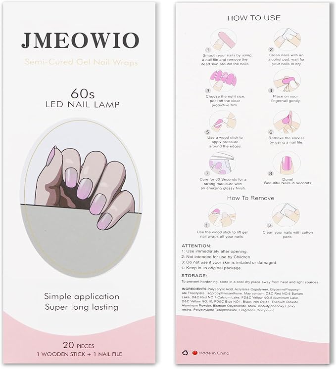 JMEOWIO Gel Nail Stickers Purple Pink Semi Cured Gel Nail Strips Wraps UV/LED Nails Art Design Decoration Accessories