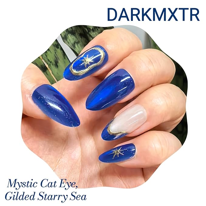30 Pcs Long Almond Press On Nails - Dark Blue Glitter Gold Star Design, Glossy Reusable Fake Nails with Adhesive Tabs,Easy Application Manicure Set for Work, Party & Daily Use