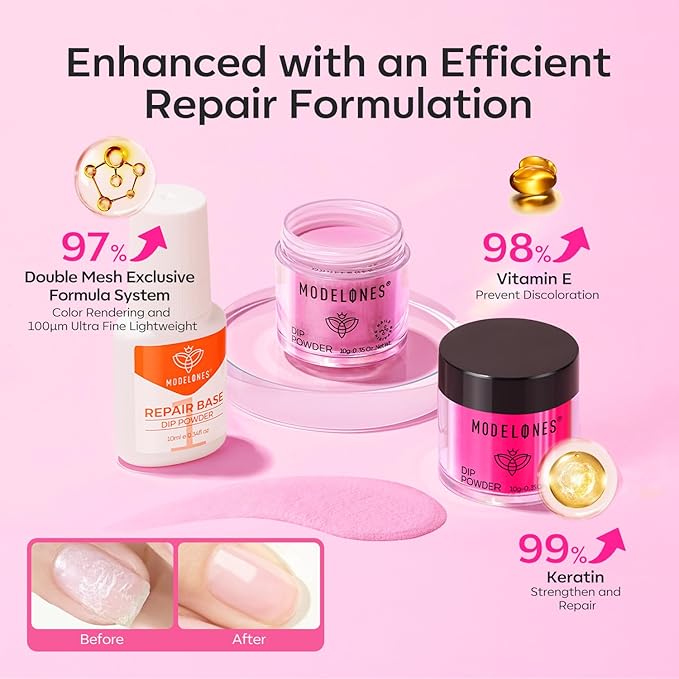 Modelones Dip Powder Nail Kit, 4 Colors Hot Pink Rose Glitter Dipping Starter Set with Liquid and Complete Accessories for French Nails Art Salon DIY at Home Manicure