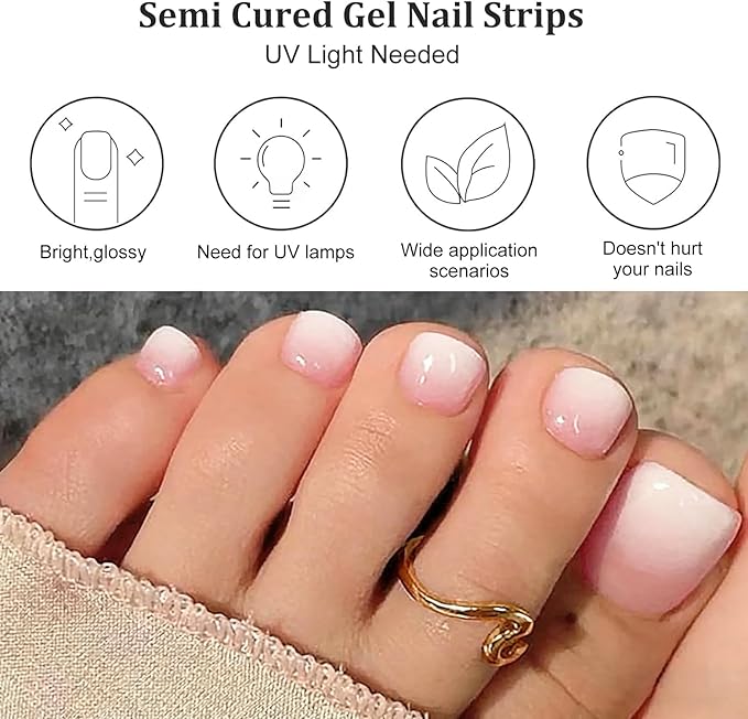 32 Pcs Semi Cured Gel Toe Nail Strips Pink White Ombre Gel Nail Stickers Full Cover Nails Wraps Self Adhesive Toe Nails Polish Strips Stickers for Women UV/LED Light Required