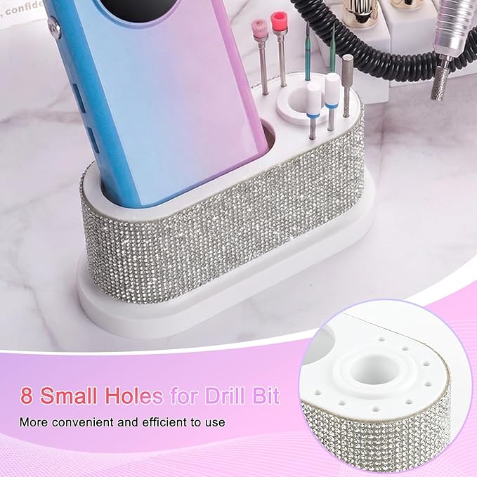 ANGNYA Nail Drill Machine Holder with White Rhinestones, 8 Holes Nail Drill Bit Holder, Nail Efile Stand and Organizer Storage Box Case