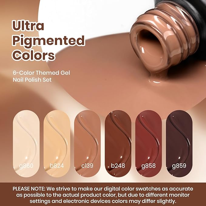 Beetles Brown Gel Polish Set - Toasty Aroma Collection, 6 Colors Nude Brown Trendy Colors Uv LED Lamp Salon DIY at Home Nails Gifts for Women