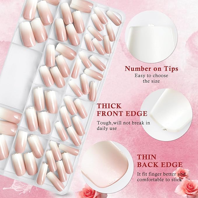 AddFavor 240pc Ombre Press on Nails Long Square, Acrylic Fake Nails Press ons Nail Tips Square Stick on Nails with Nail Glue and Adhesive Tabs for Women