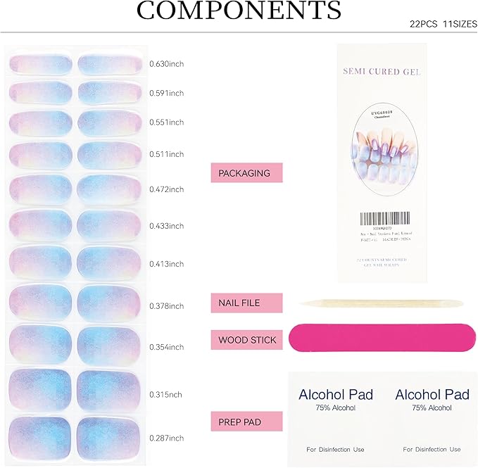 Semi Cured Gel Nail Strips Glazed Donut Blue Gel Nail Stickers with UV/LED Required Long Lasting Gel Nail Stickers Includes 22 Strips 2 Prep Pads, Nail File & Wooden Stick