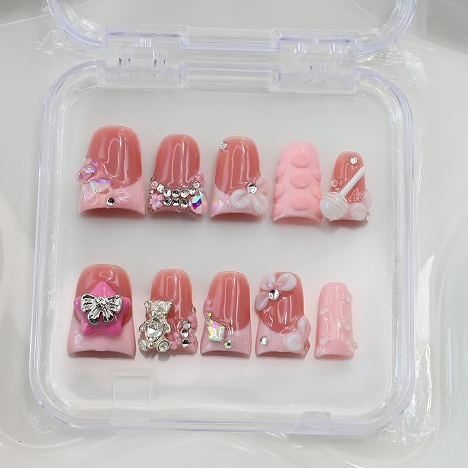 10Pcs Handmade Pink Press on Nails Short Duck Fake Nails with 3D Bear Butterfly Flower Rhinestone Design Pink French Tip False Nails Cute Acrylic Nails Press ons Handmade Stick on Nail for Women (S)