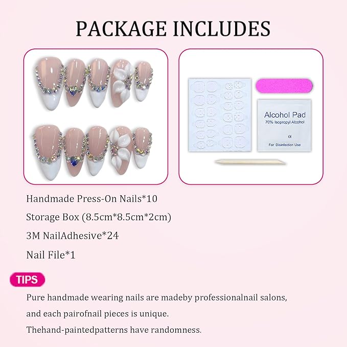 10 Pcs Flower Handmade Press on Nails Almond Shape Luxury Medium Hand Made Nails with Design Flower Artificial Stick on Nails French Tip False Nail for Women (S)