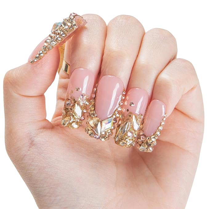 LOVFUL Short French Tip Press on Nails Golden Aura | Handmade Acrylic Press ons| Reusable Fake False Nails | Square Classic Regular 1.3in | H682-M