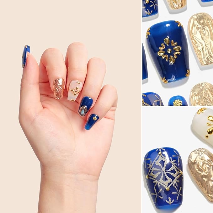 Sun&Beam Nails Handmade Press On Short Coffin Blue Golden Cross Bohemia Design Charming Cute False Nail Tips 10 Pcs (#102 XS)