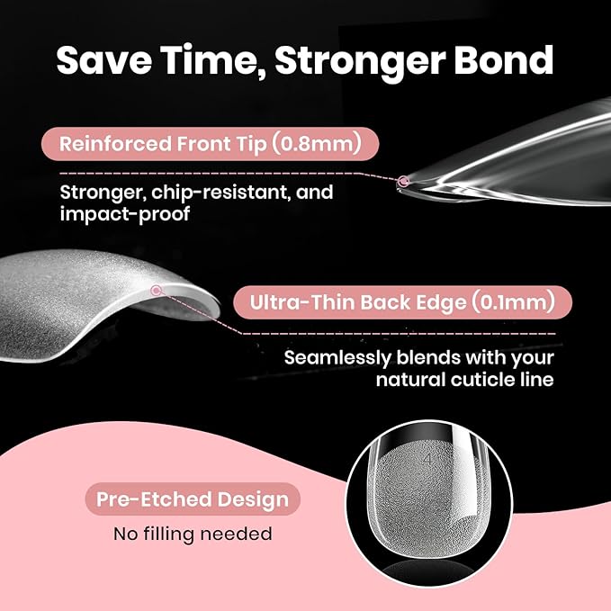 Beetles Gel Almond Nail Tips Short, Curve-EX 640pcs 16 Sizes, Etch-X Half Matte Full Cover Soft Acrylic False Press on Nail Tips Easy DIY Nail Extension Art Salon for Curved & Natural Nail Beds