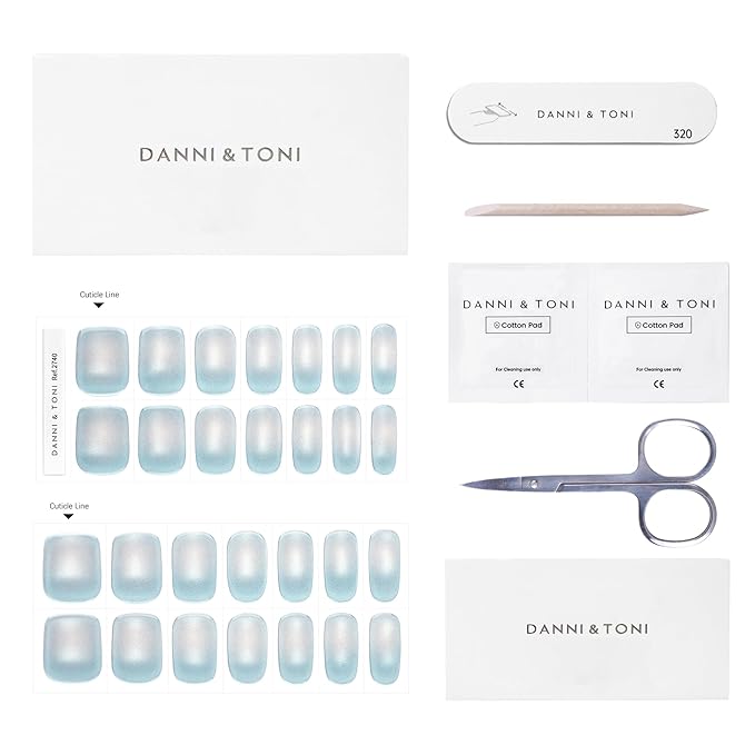 DANNI & TONI Semi Cured Gel Nail Strips Soft Blue Ombre (Ocean Crystal) Cat Eye Gel Nail Wraps 28 Stickers