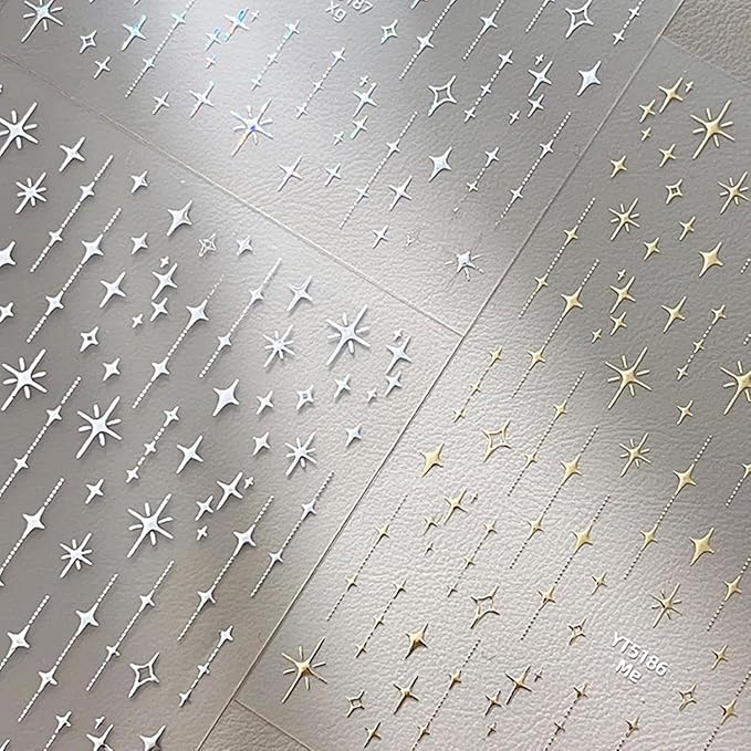 3 Sheets Star Nail Art Stickers 3D Self Adhesive White Silver Gold Nail Stickers Star Nail Decals with Design Glitter Nails Supplies for Women Girls DIY Manicure