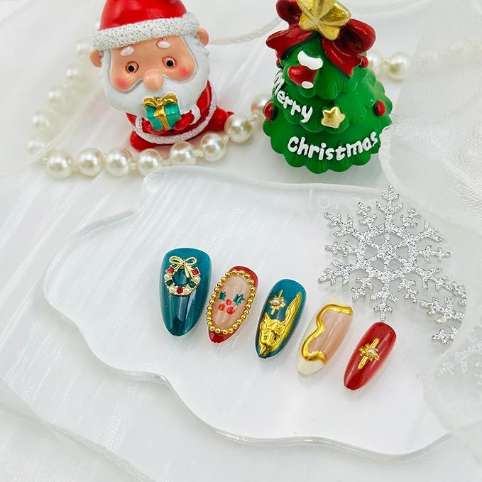 24pcs Christmas Press on Nails Medium Almond Fake Nails Winter Snowflake Full Cover False Nails with 3d Pearl Rhinestones Designs Xmas Tree Wreath Star Glue on Nails for Women Nail Decoration Supplies
