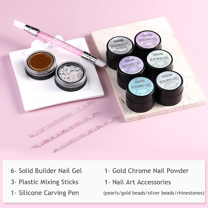 Solid Builder Gel For Nails, Aurora Blue Pink Green Clear Non-Sticky Hand Sculpting Gel For Nail Art With Silicone Carving Pen Chrome Nail Powder Professional Nail Salon Supplies