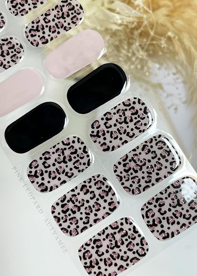 Semi Cured Gel Nail Strips (Pink Leopard), Purple, 20 Pcs Gel Nail Wraps, Stickers, Salon Quality, Long Lasting, Works with Any UV Lamps