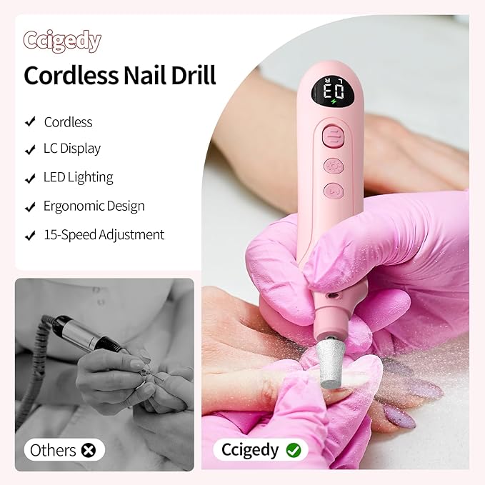 Electric Nail Drill Kit, Nail Filer Electric with LCD & Lamp, Rechargeable Pedicure Tools for Feet, Toenail Grinder for Thick Toenails, Cordless Nail Dremel Tools for Women & Men