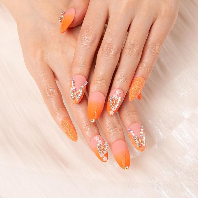 LOVFUL Press on Nails Citrus Bloom | Handmade with Full Covered Crystals | Reusable Fake Nails | Almond Regular 1.0 in | H209-M