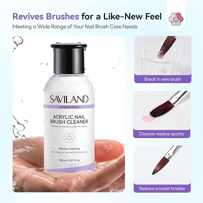 SAVILAND Advanced Acrylic Brush Cleaner: 3-Minute Deep Clean & Conditioning Liquid, Plant-Based Cleaner Conditioner Preserver Restorer for Acrylic Nail Brushes, Home DIY & Salon Use, 5 OZ