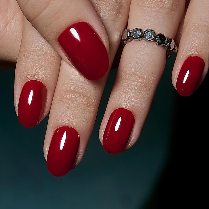 Curvlife Medium Oval Press On Nails – 30PCS Classic Red Full Cover False Natural Fit Soft Gel Christmas Fake Nails Tips, Easy to Apply at Home Glue On False Nails Kit