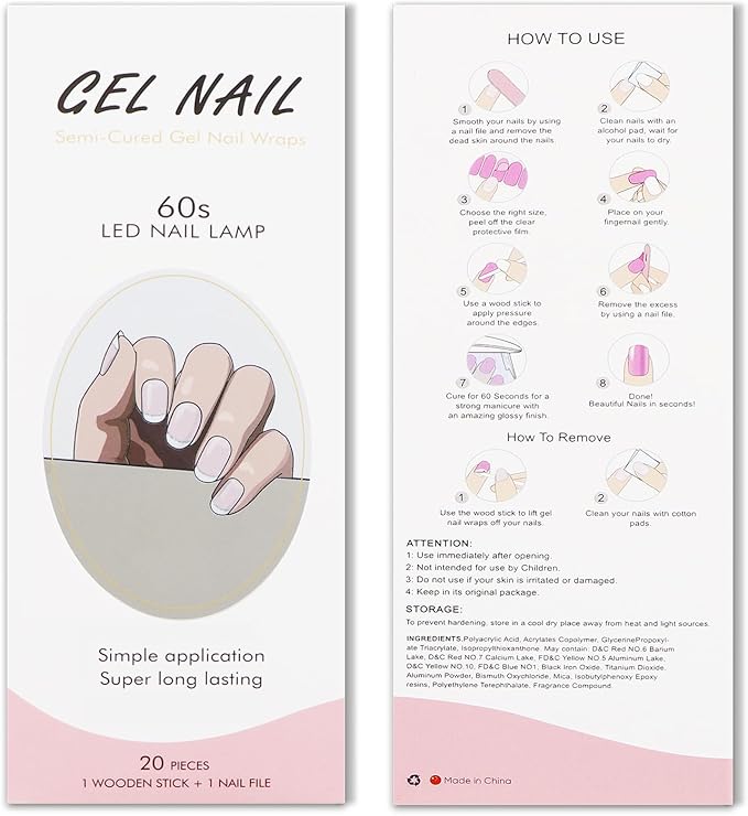 JMEOWIO Gel Nail Stickers White French Tip Transparent Semi Cured Gel Nail Strips Wraps UV/LED Nails Art Design Decoration Accessories